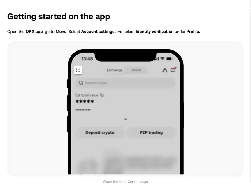 The Getting started on the app section of OKX's help page, with a greyed-out OKX app home screen below it and the Menu icon in the top-left corner highlighted