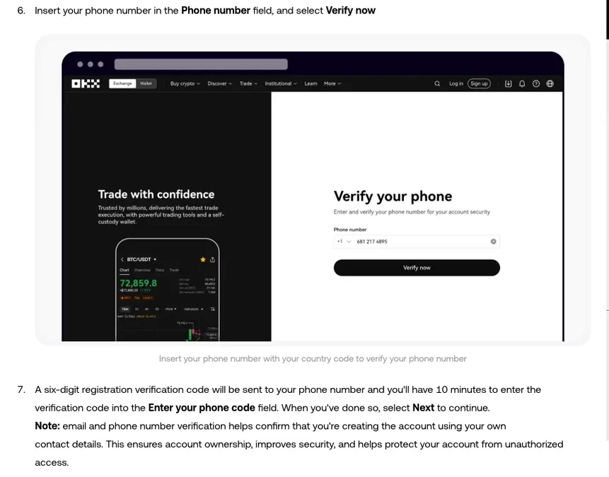 Step 6 of OKX's official desktop sign-up guide: the Verify your phone page with a country code picker, phone number field and Verify now button
