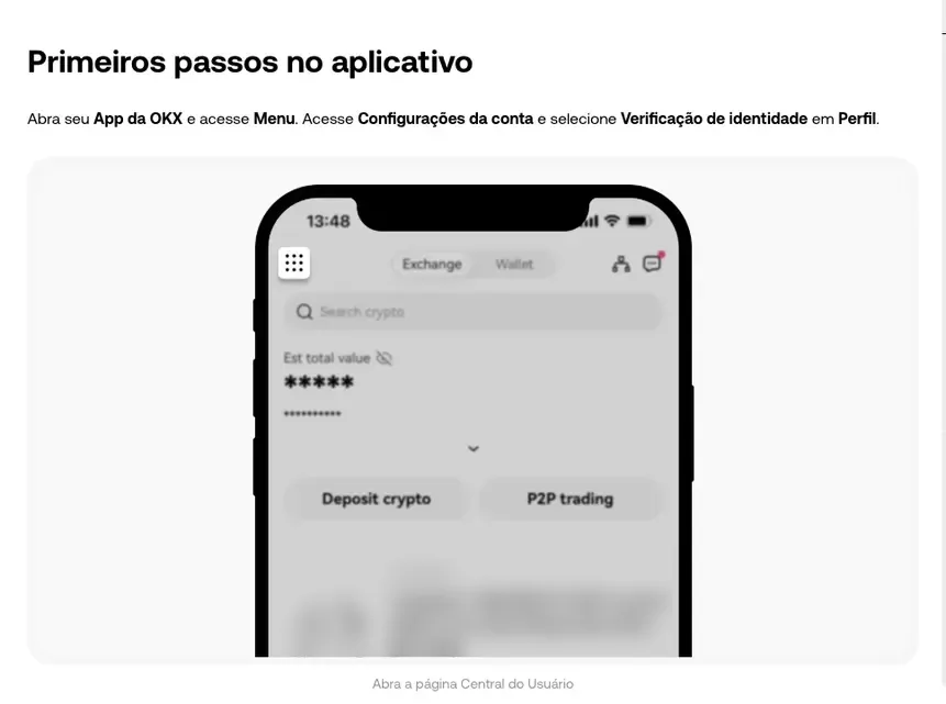 Trecho Primeiros passos no aplicativo da ajuda da OKX, com uma tela inicial do app em cinza logo abaixo e o ícone de Menu destacado no canto superior esquerdo