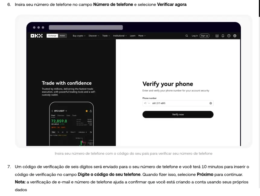 Tela de verificação do telefone no cadastro da OKX pelo computador (passo 6 do guia oficial), com seletor de código do país, número e botão Verify now